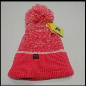 Cotton Candy Pink beanie fleece lined hat with poof stripes, OS  NEW